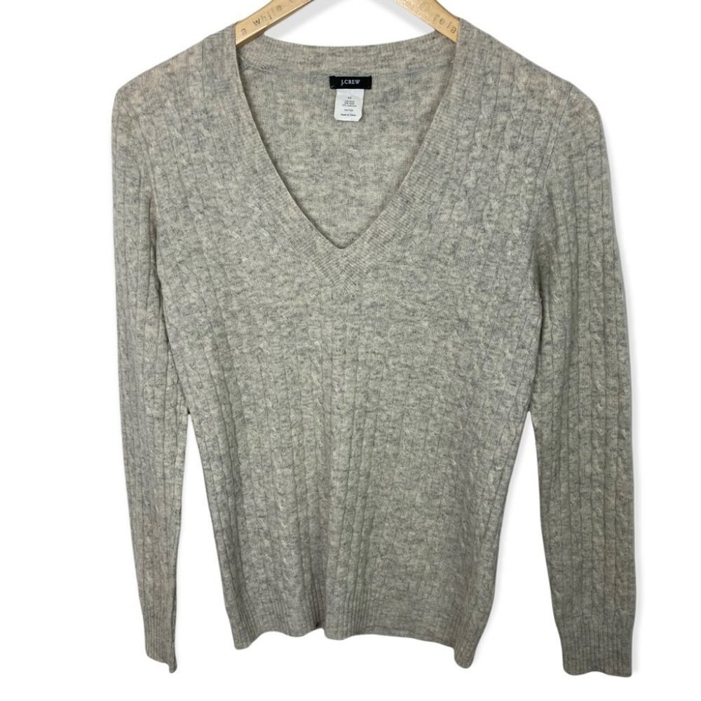 J. Crew Cashmere Wool Cable Knit V-Neck Long Sleeve‎ Sweater Tan Beige Size XS